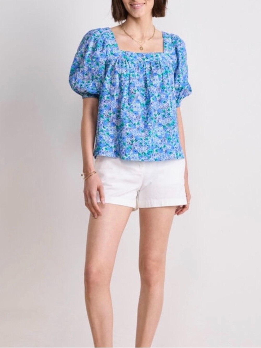 VineBlue Floral Square-Neck Puff Sleeve Top